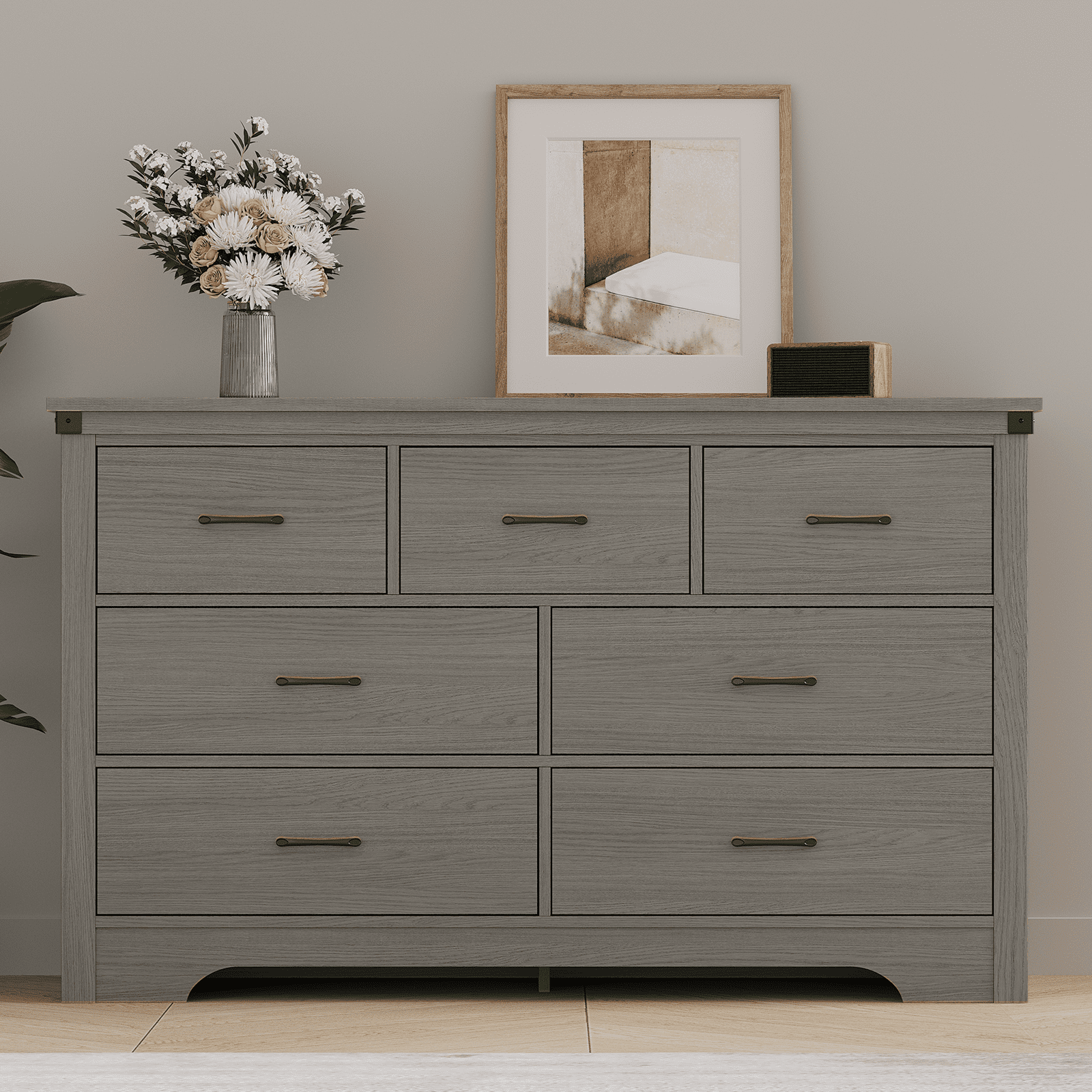 Farmhouse 7 Drawer Dresser for Bedroom, 51" Wide Chest of Drawers, Wooden Dresser TV Stand, Storage Dressers Organizer for Bedroom, Living Room, Hallway, Gray