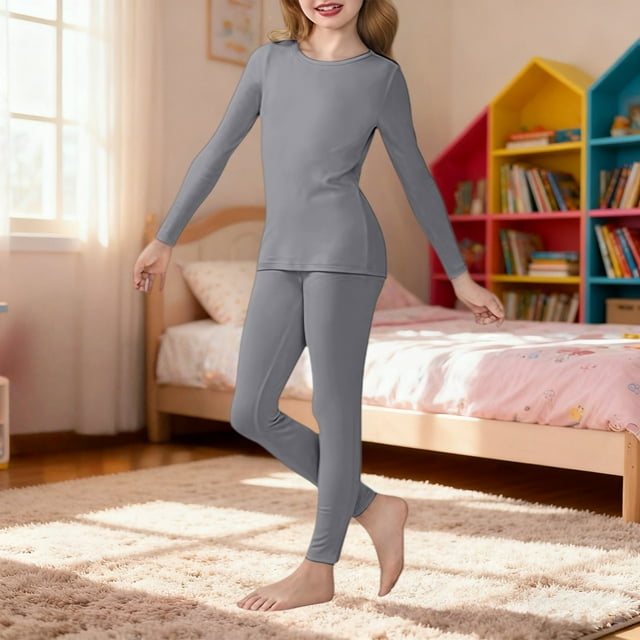 XIMIN Kids Girls Outfit Solid Color Fleece Thermal Underwear Set High Tech Dralon Self Heating Long Johns Cold Weather Kids Base Layer Top Bottom