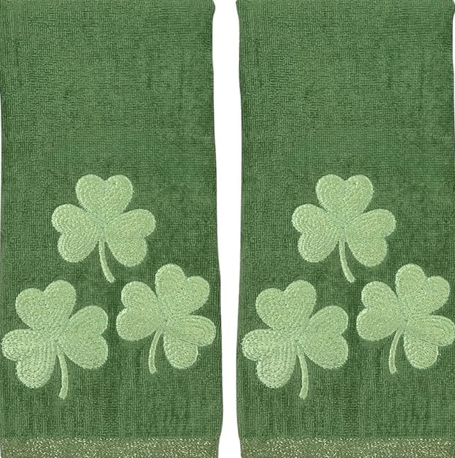 Serafina Home St. Patrick's Day Irish Kitchen Bath Guest Hand Fingertip Embroidered Towels 4 Pc Set: Triple Shamrocks 16" x 25" & Single Clover 12" x 18", Green,100% Terry Velour Cotton