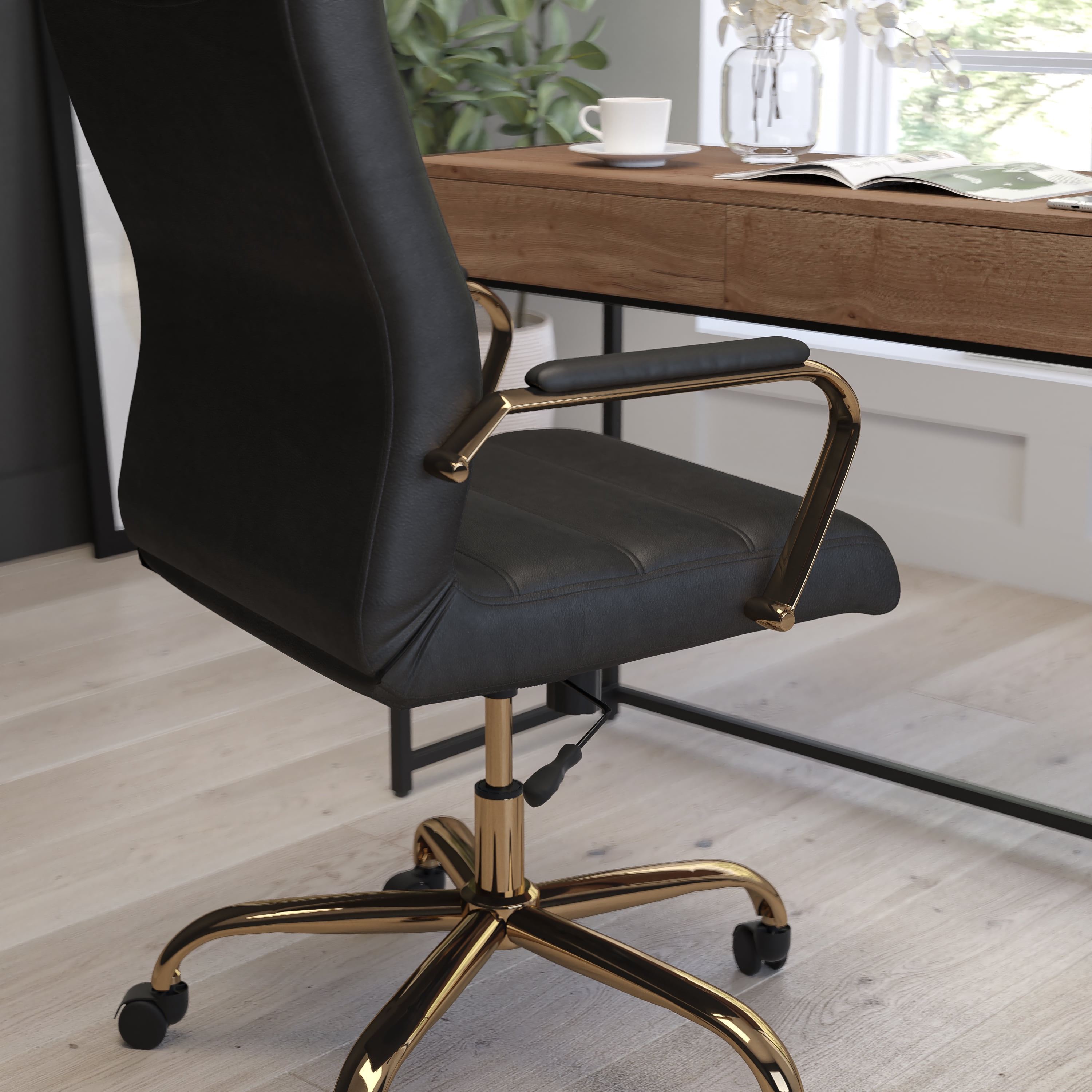 Merrick Lane Contemporary Mid-Back Black Faux Leather Home Office Chair with Padded Gold Arms