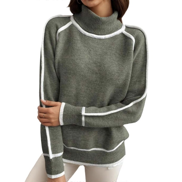 Women's Loose Fit Acrylic High Neck Sweater Long Sleeve Winter Warm Soft Color Block Knitwear Turtleneck Pullover Top Sky Blue XL