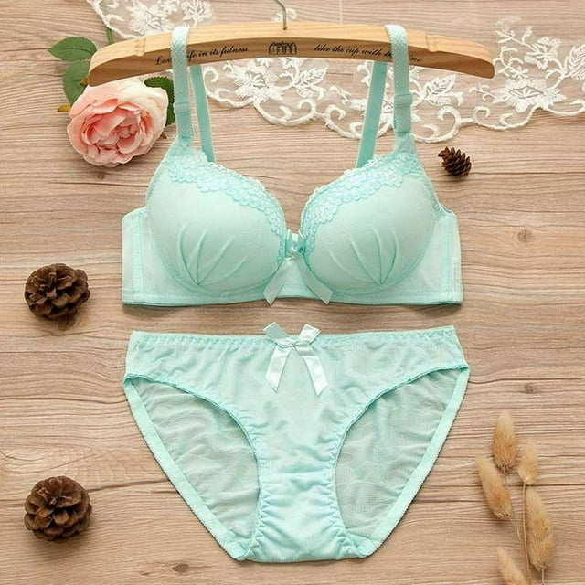 Promotion Clearance Lace No Steel Ring Small Chest Gathered Adjustment Lace Bow Bra + Briefs Set black 70
