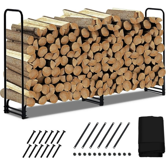 ChaoLink 8.5FT of Firewood 1-2 Cord Outdoor Firewood Rack with Cover,Heavy Duty Firewood Holder & Waterproof Cover for Fireplace, Patio, Log Storage RackBlack