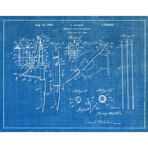 Original Electric Tattooing Machine Artwork Submitted In 1929 - Tattoo - Patent Art Print