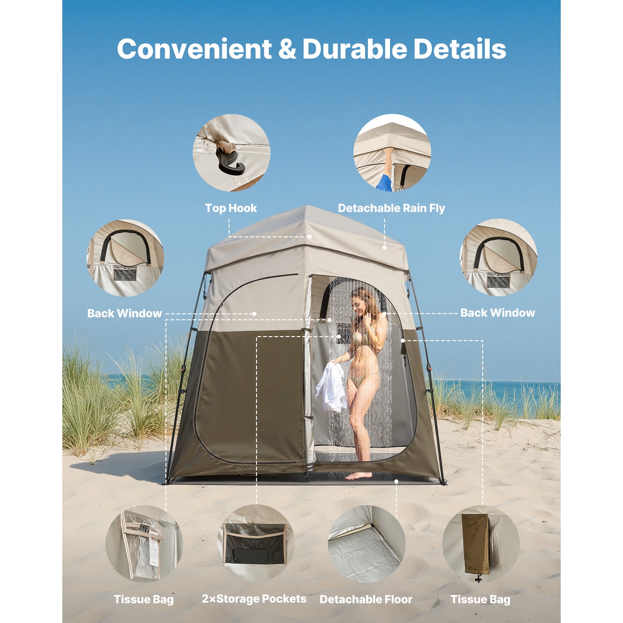 KFFKFF Portable Camping Shower Tent, Dual-Room Privacy Shelter with Stakes, Ropes, and Carry Bag, Durable 150D Oxford Fabric with Silver Coating, Ideal for Camping, Beach Trips, and Fishing