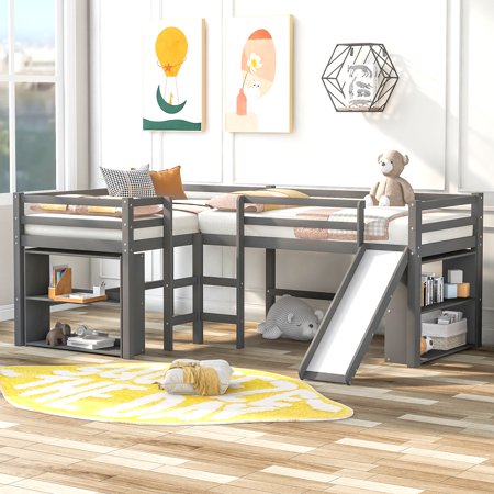 Twin Size L-Shaped Loft Bed with Slide and Movable Shelves for Storage, Low Loft Bed Corner Loft Bed Frame for 2 Kids, Teens, Boys & Girls (Gray)