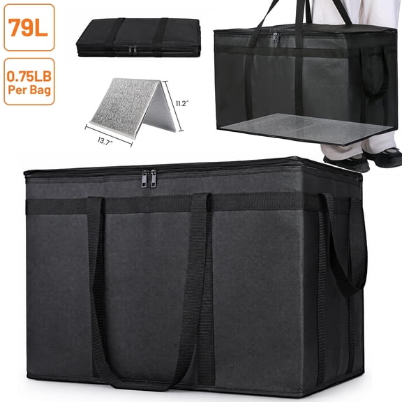 USIONE Insulated Food Delivery Bag, Hot & Cold Food, Large-Capacity Reusable Insulated Bag with Zippered Top, Pizza Warmer, Black