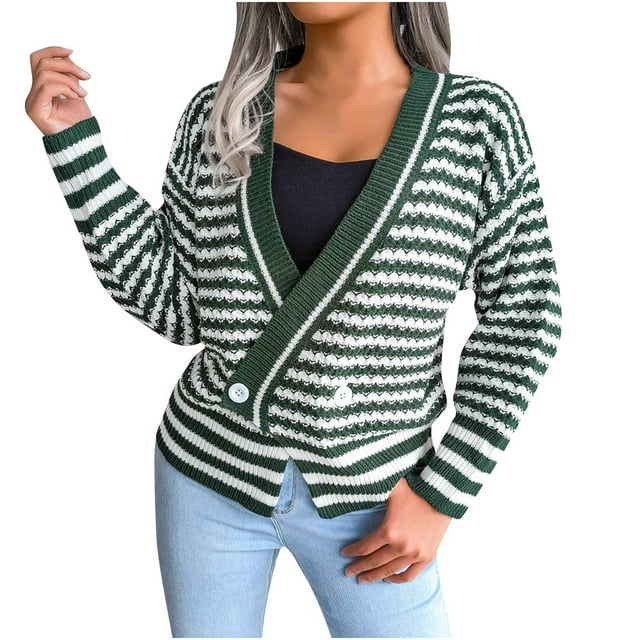 IROINID Pull à Boutons pour Femmes Col en V Rayures Loisirs Manches Courtes Longues Pull Tricoté