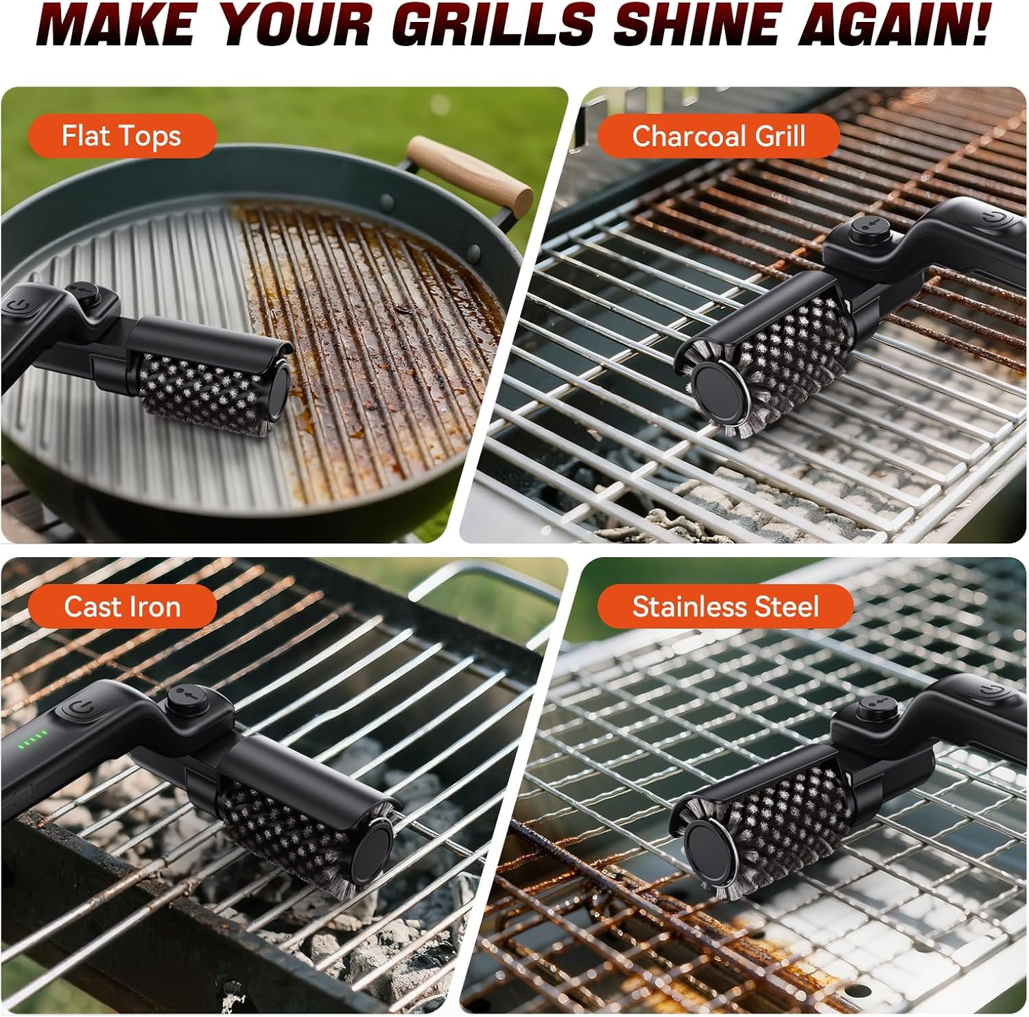 Electric Grill Brush for BBQ, 3-Speed Power Rotary Grill Cleaner with 304 Stainless Steel Anti-Shedding Head, Rechargeable up to 90-Min Runtime, Outdoor Grill Cleaning Tool for Home, Patio, Camping