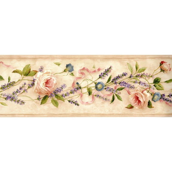 TRIMZ Lavender and Roses Wallpaper Border - Cream, Pink, Blue, Green 15' L x 6.25" W - Kitchen and Bath Wall Decor