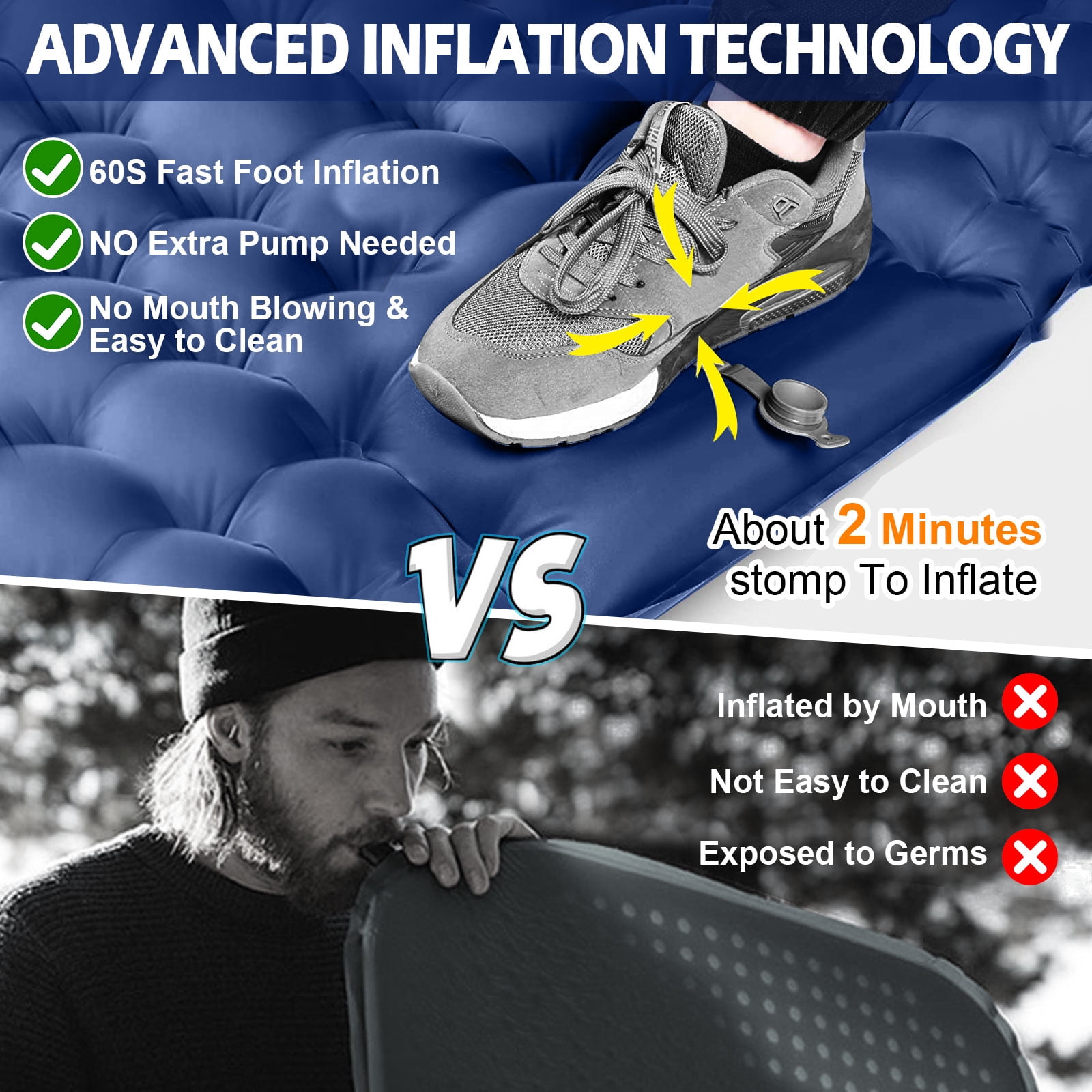 Eurhowing Double Sleeping Pad 4" Thick, 2 Person Inflatable Camping Mat with Foot Pump & Pillow, Portable Air Mattress for Backpacking Hiking Tent Travel, Navy
