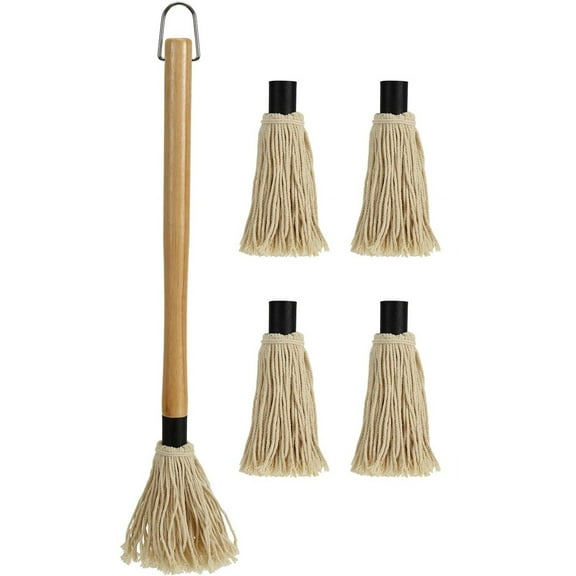RUseeN 18 Inch Grill Basting Mop Wooden Long Handle with 4 Extra Replacement Heads for BBQ Grilling Smoking Steak