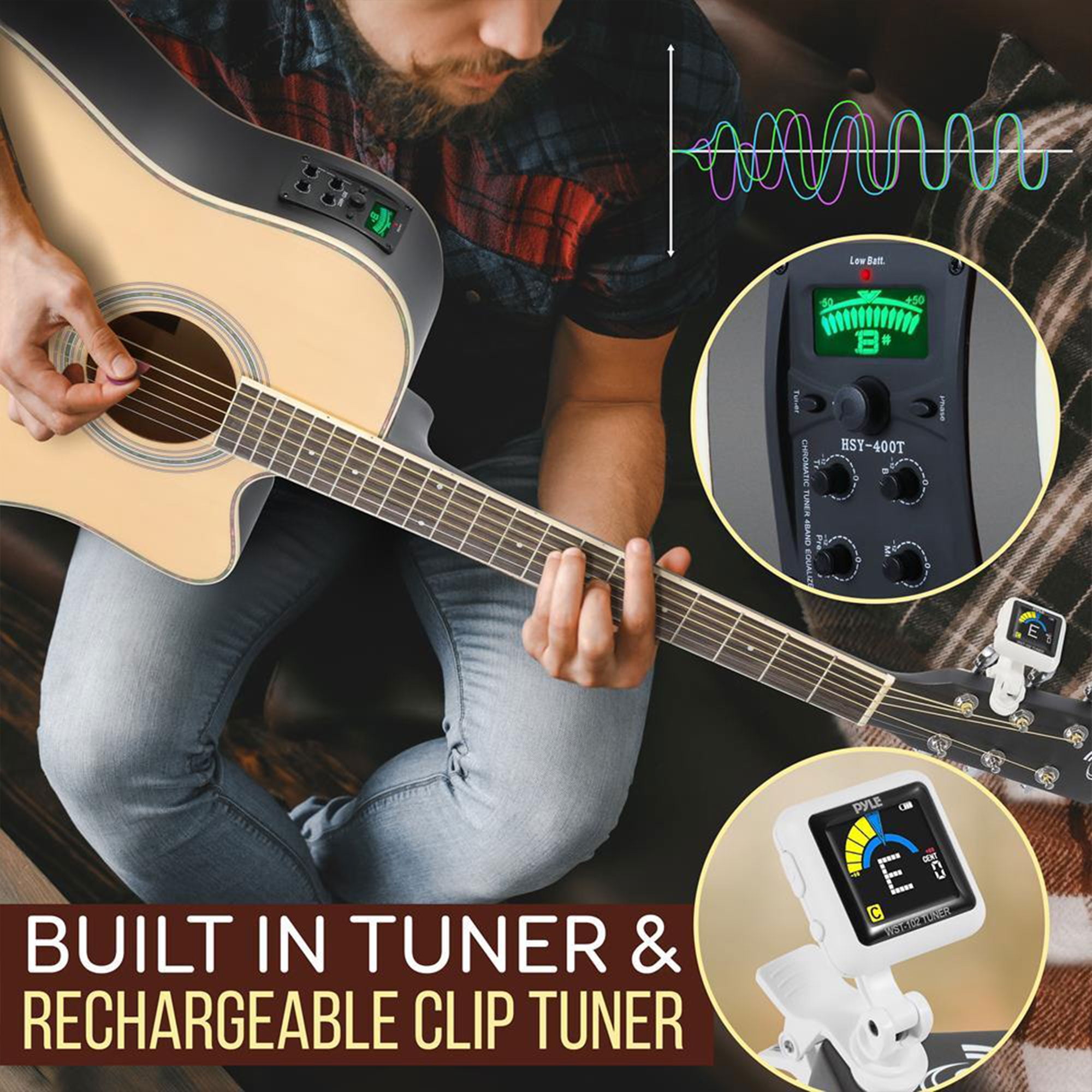 Pyle Electric Acoustic Cutaway Full Scale Spruce Wood Guitar Kit w/ Amp