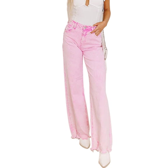 Women's Pink Acid Wash Jeans – High Waist Shift Denim with Raw Hem, Casual Daily Wear, 16