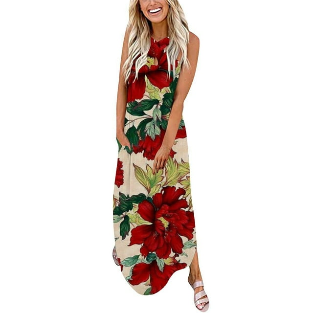 Printemps Robes for Femmes 2023 à la Mode Femmes Summer Design Décontracté Robe Progressive Sans Manches Cou Suspendu V-Cou Robe Longue Robe Cottagecore sur Clearance