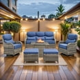 thumbnail image 2 of PARKWELL 6 Pieces Outdoor Patio High Back Furniture Set with Fire Pit Table, Luxury 6" Thick Conversation Set with Swivel Glider Chairs,Wicker Seating Set for Deck, Backyard,Gray/Navy, 2 of 13