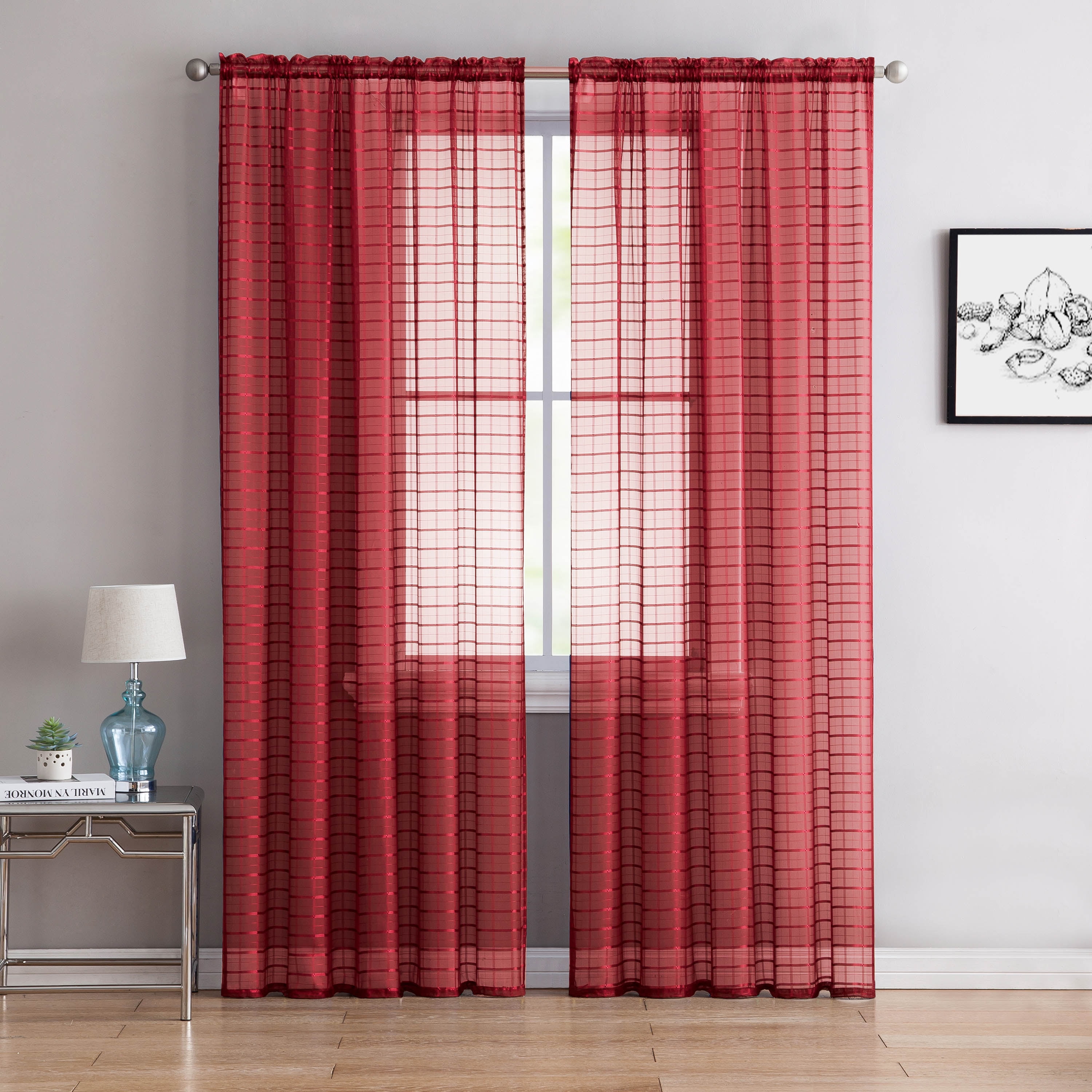 Single (1) Sheer Rod Pocket Window Curtain Panel 55"W X 90"L, Plaid