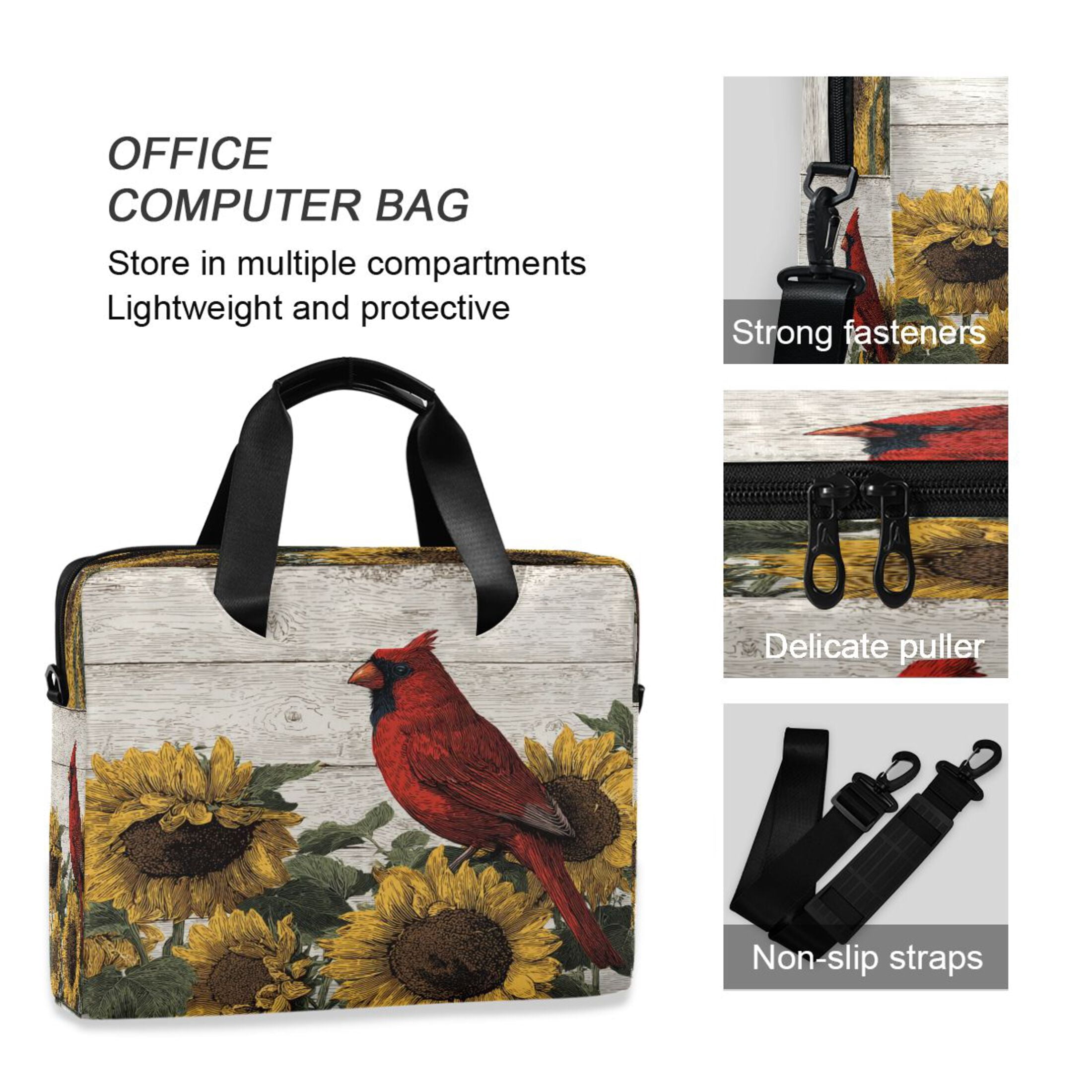 16" Laptop Tote Bag Laptop Sleeve Case Computer Briefcase for Work & Travel Red Bird Sitting on Sunflower