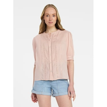 Time and Tru Women's and Women's Plus Cotton Lace Inset Blouse with Elbow Length Sleeves, Sizes XS-4X