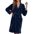 thumbnail image 1 of ManxiVoo Plush Fleece Long Robe Shawl Collar Cozy Warm Bathrobe Spa Relaxation House Coat M Size Navy, 1 of 6