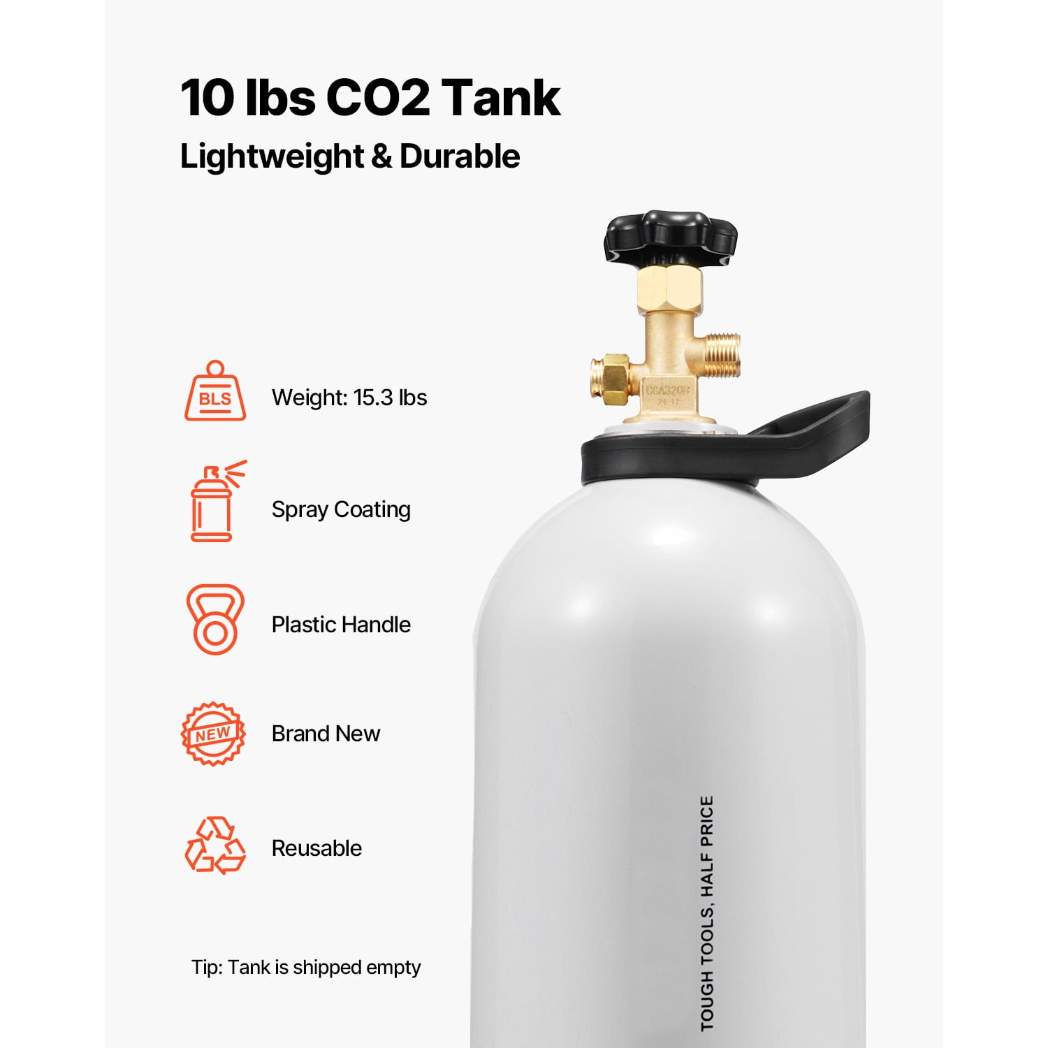 KFFKFF CO2 Container, 10 lbs Fresh Aluminum Alloy Canister, CO2 Air Canister with Gentle Spray Finish, CGA320 Valve, Handle & Variable Pressure, DOT Certified Canister for Draft Beer Serving