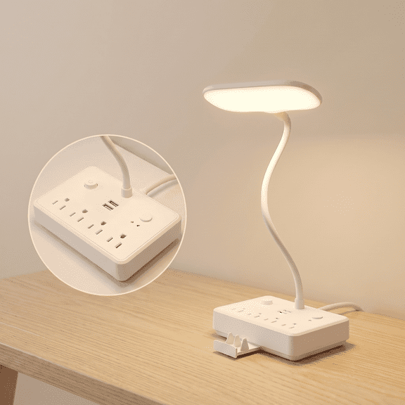 VOLIVO LED Desk Lamp with 4 AC Outlets & 2 USB Ports, 2 Color Temperatures & 3 Lighting Modes, Gooseneck Table Lampfor Home, Office, Table