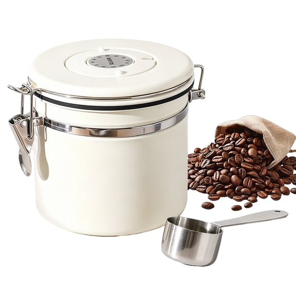 40 oz Stainless Steel Coffee Canister, 1.2 L Kitchen Storage Container with Clamp Lid and Scoop, Coffee Bean Storage Jar for Coffee, Tea, Sugar and Dry Goods, White