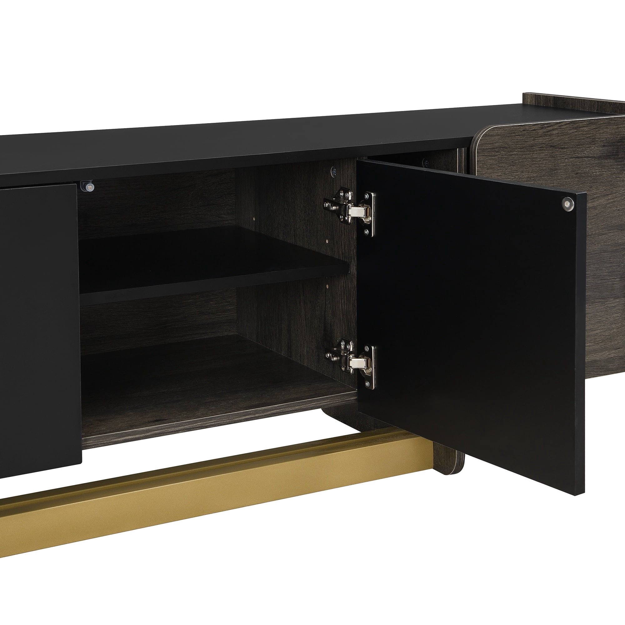 PORKISS Modern TV Stand for TVs up to 70 Inches, Wood TV Console with Gold Metal Base, Media Console Cabinet with Drawer & Adjustable Shelves, for Living Room, Black