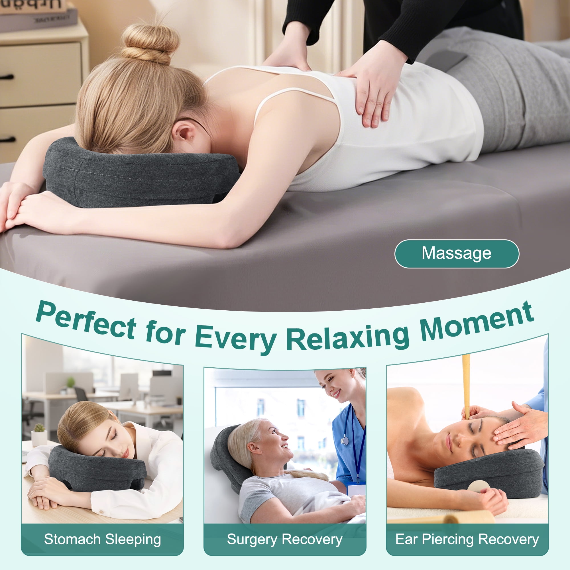 KAIPARA Face Down Pillows for Massage Table, Memory Foam Pillow Support for Stomach Sleepers, Eye Post-Surgery Recovery and Spa Treatments (Dark Gray)