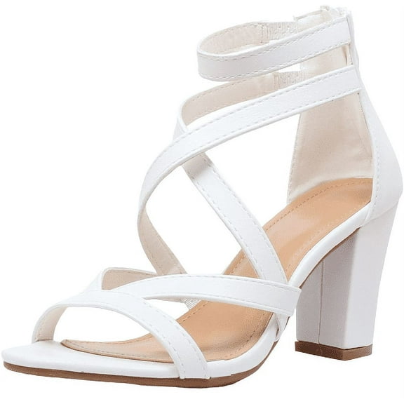 Women's Ankle Strap Open Toe Chunky High Heel Cross Strap Sandals Dress Shoes WHITE 10
