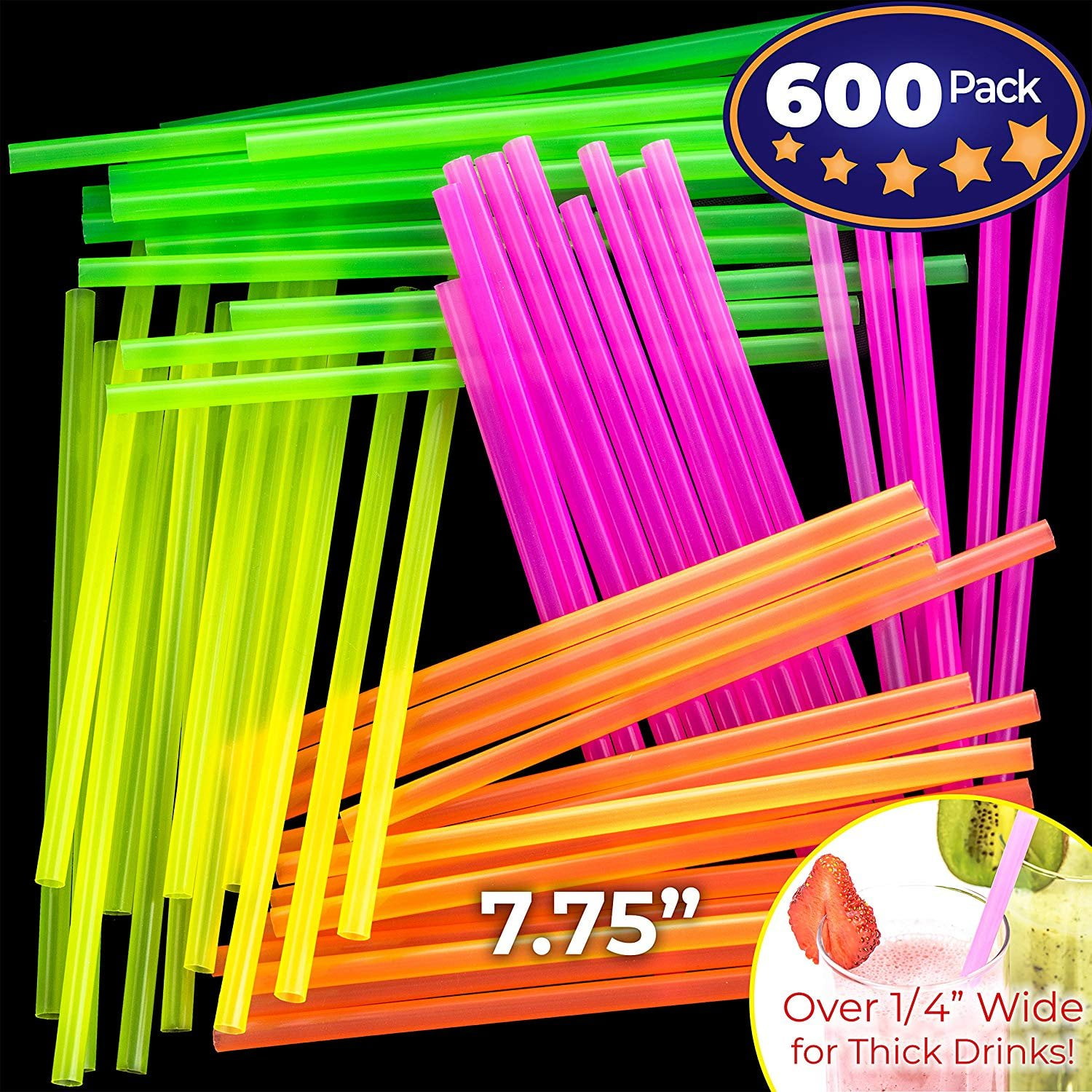 Blacklight Neon Drinking Straws 600 Pack in 4 Bright Colors for Retro