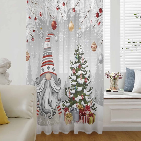 Grey Gnomes Christmas Semi Sheer Curtains Drapes for Living Room,Bedroom,French Doors Window 96 Inches Long,Xmas Tree Branch Balls Snowflake Rod Pocket Chiffon Curtain Drapery Voile Draperies Panel