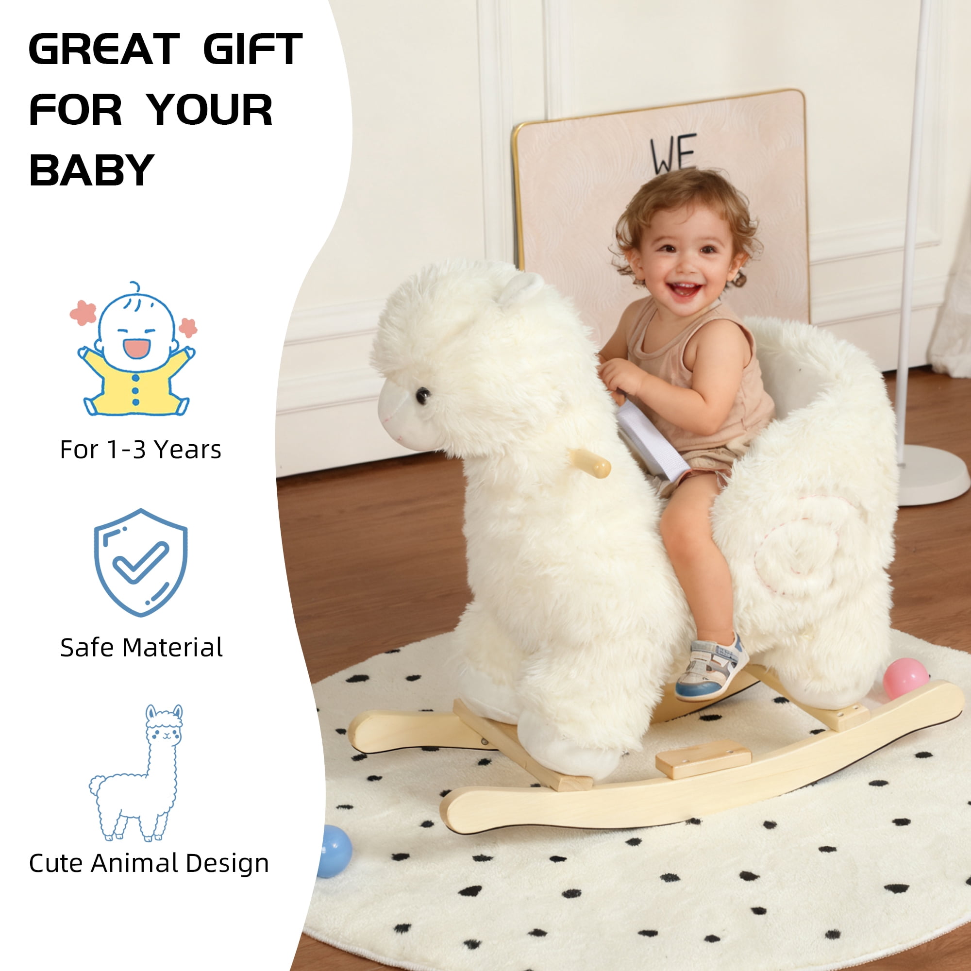 Alvantor Kids Rocking Horse, Plush Ride-On Toy with Music & Wooden Base, Alpaca Toddler Rocker for 1-5 Years White