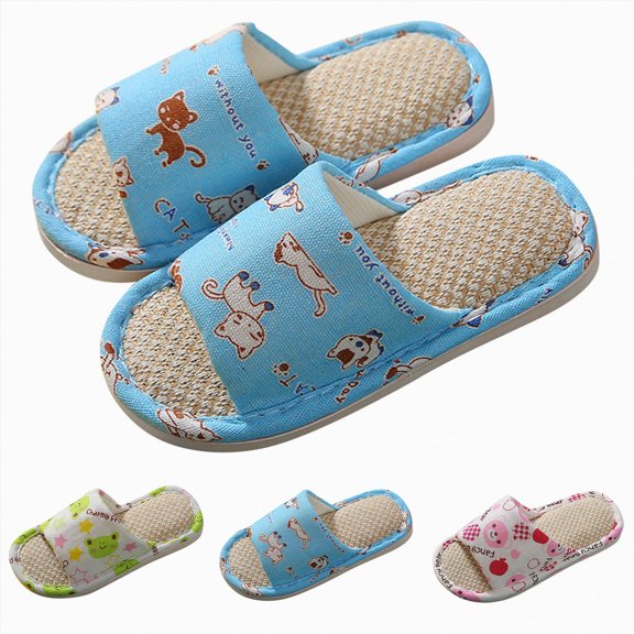 HEWUQI Kids House Slippers for Boys Girls Open Toe Cotton Linen Comfortable Slip on Sandals Indoor Home Flat Slides Bedroom Shoes Green Size 3 Big Kid