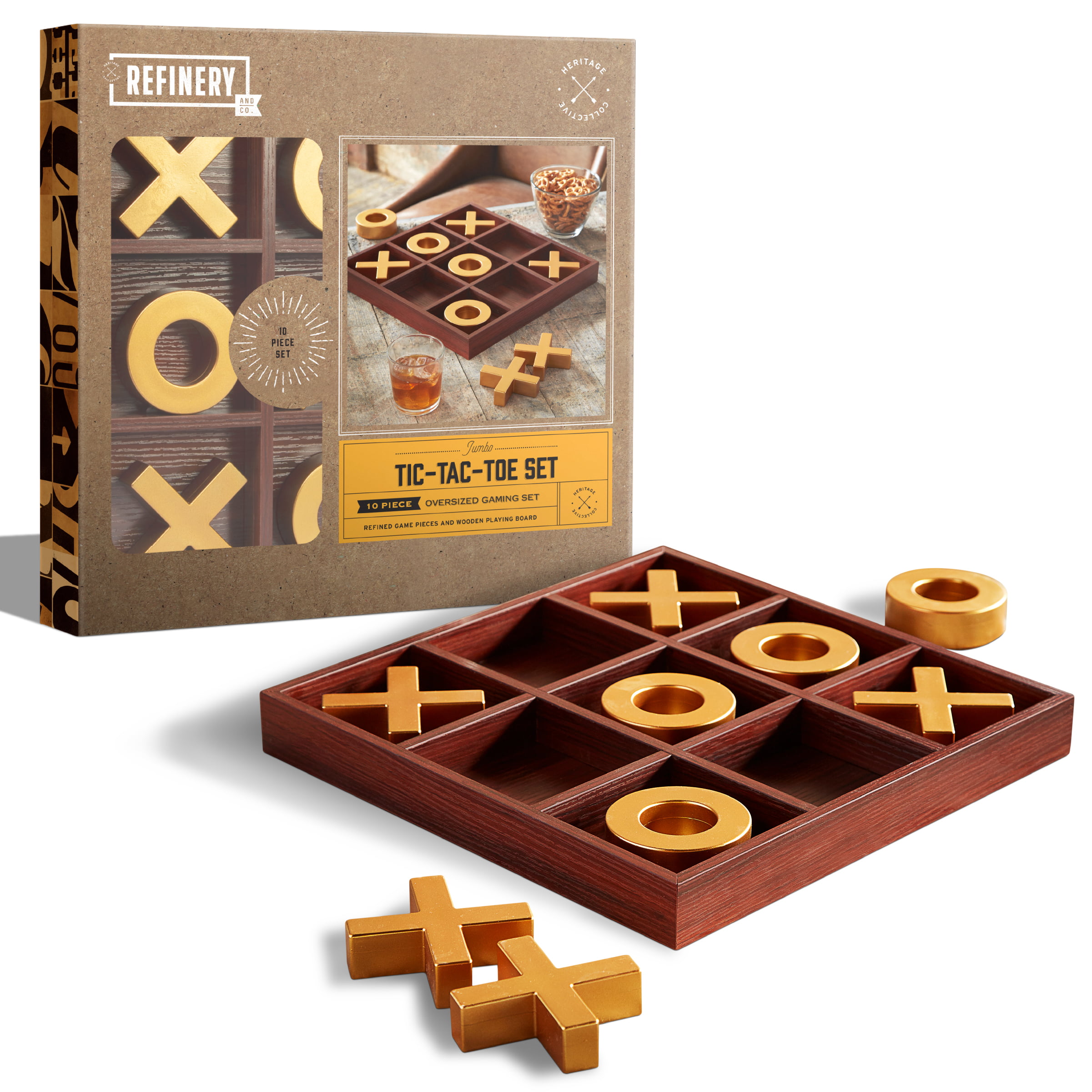 REFINERY AND CO. 10 Piece Premium Solid Wood Tic-Tac-Toe Board Game, Giant  Gold 14 Outdoor/Indoor Party Set Toy For Children/ Adults,