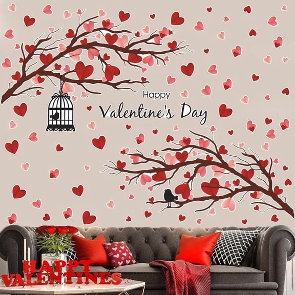 Valentine's Day Wall Decals Love Heart Wall Stickers Pink Heart Tree Home Bedroom Decor Peel and Stick for Valentines Wedding Anniversary Party Supply