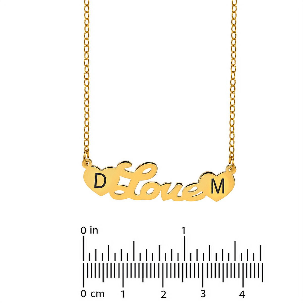 Personalized Sterling Silver, 14K Gold Plated Sterling Silver, 10K Gold or 14K Gold Script Name Necklace with Laser Engraved Initials on Heart-Shaped Ends with 18 inch Link Chain. Spring Ring Clasp.