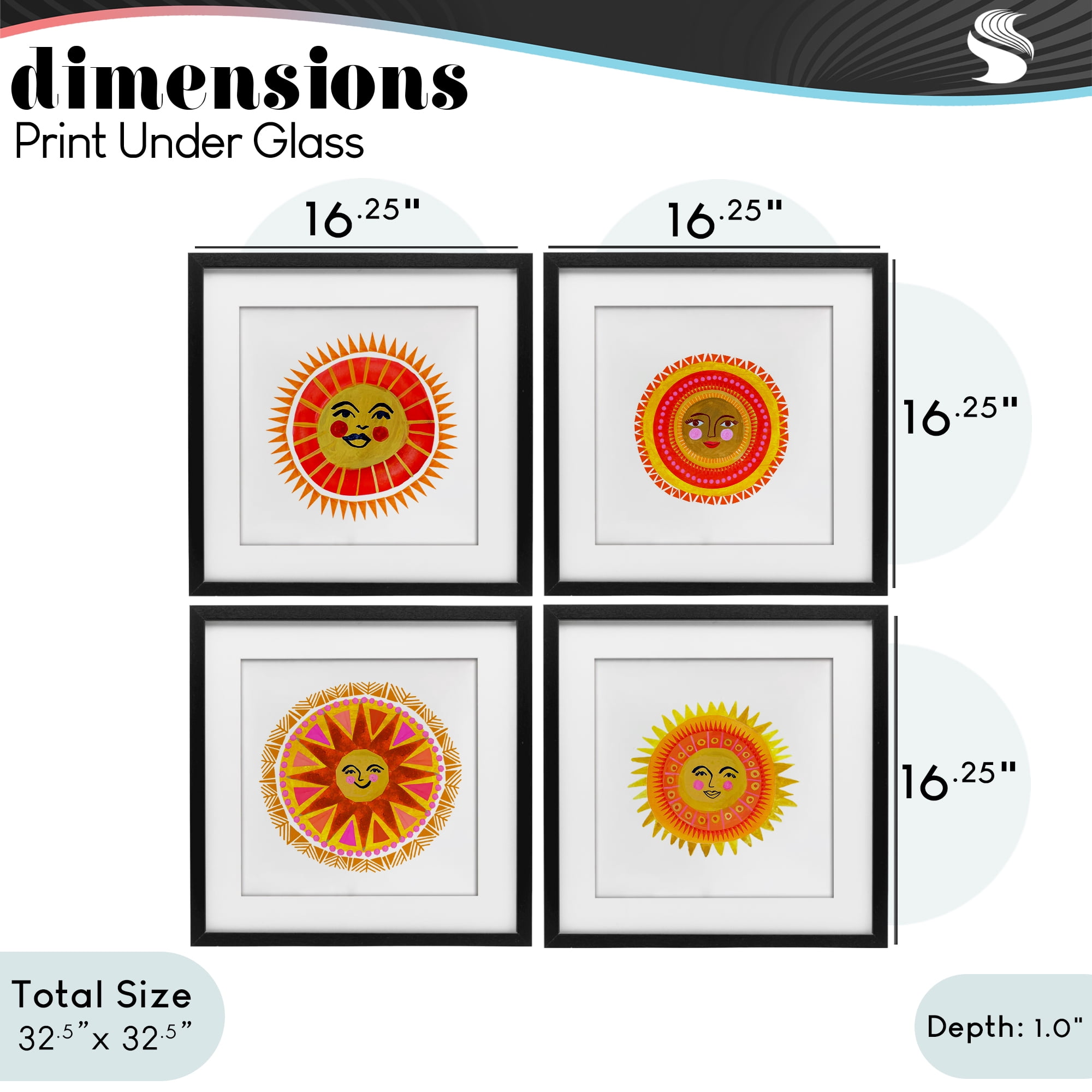 Stupell Industries Warm Happy Suns 4 Piece Black Framed Print Under Glass Set, design by Katherine Herrell Studio