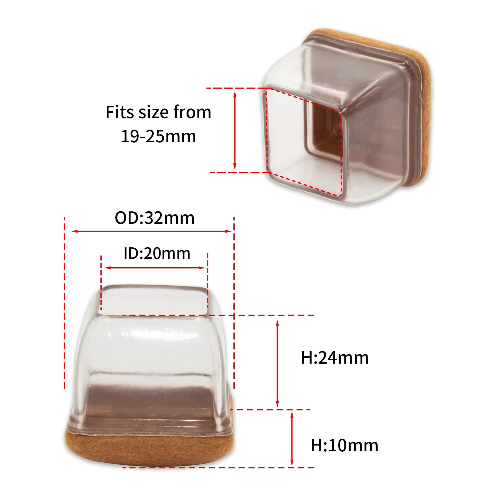 Flyshop 8PCS Square Chair Leg Caps with Felt Pads Durable Floor Protectors for Hardwood Floor Prevent Scratches Reduce Noise Foot Cap, Transparent Protective Caps, 19 to 25 mm