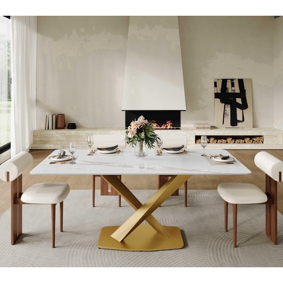 Modern Dining Table for 6, White Sintered Stone Dining Tabletop with Black X-Shape Metal Base, 71" Rectangle Dining Table for Kitchen (Table Only)