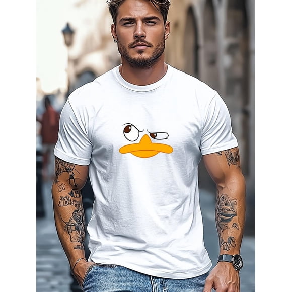Men's Casual Cotton Crew Neck T Shirt with Silly Duck Graphic Design Maroon