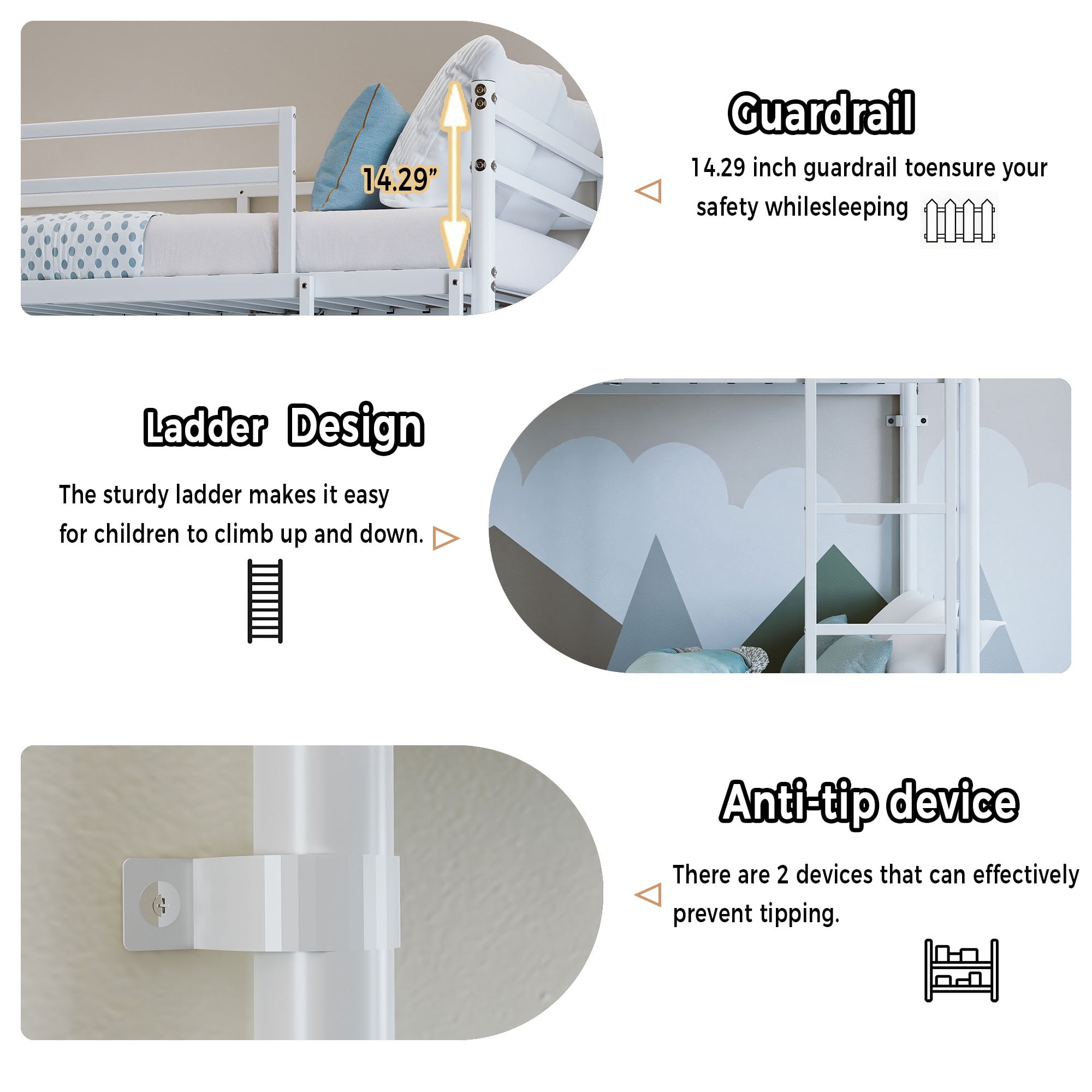 MAYEERTY Twin Over Twin Metal Bunk Bed with High Guardrail and Ladder, Space-Saving Bed for Kids Teens Adults, No Box Spring Needed for Bedroom Dorm