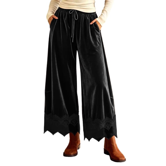 Lmueinov 2026 Women's Drawstring Elastic High Waist Velvet Wide Leg Pants, Lace Scalloped Hem Loose Casual Trousers with Side Pockets Autumn Winter S-3XL