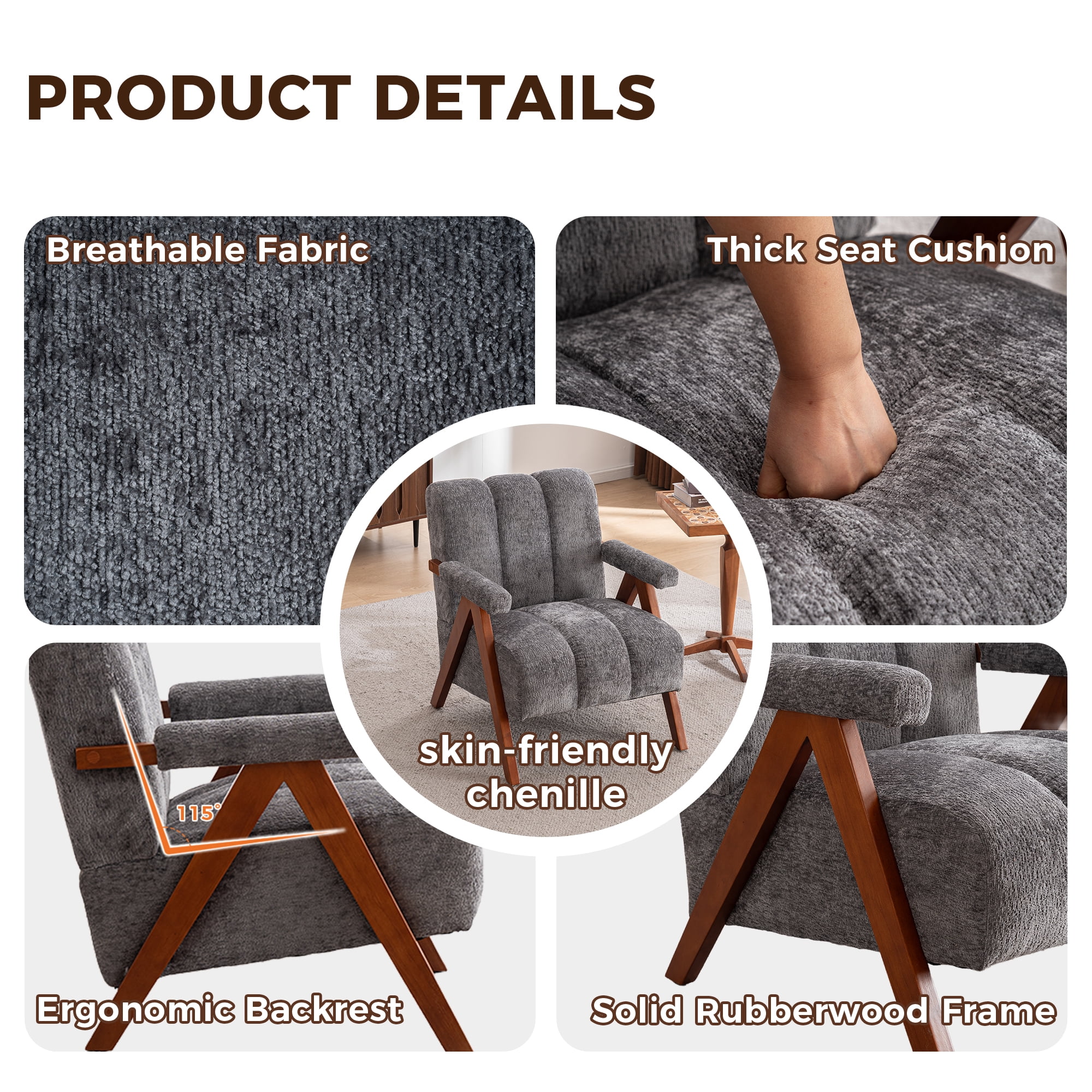 MOONMISS Mid Century Modern Accent Chair with Solid Wood Frame, Boucle Upholstered Living Room Chairs with Thick Cushion, Comfy Tufted Arm Chair for Bedroom,Gray