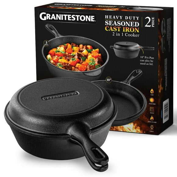 Granitestone Ensemble de Cuisson 2-en-1 en Fonte – Poêlon Robuste de 3 L Pré-assaisonné avec Couvercle Poêle de 10 po