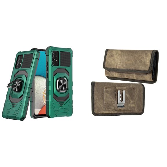 Case with Belt Holster Bundle for Samsung Galaxy A53 5G: Heavy Duty Shield Cover (Midnight Green) and Rugged Denim Nylon Phone Pouch (Tan Brown)
