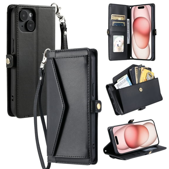 Compatible with iPhone 15 Crossbody Wallet Case with Card Holder,Women Men RFID Blocking PU Leather Flip Cover Wrist Strap Card Slots Cash Pocket ,Phone Case for iPhone 15,Black