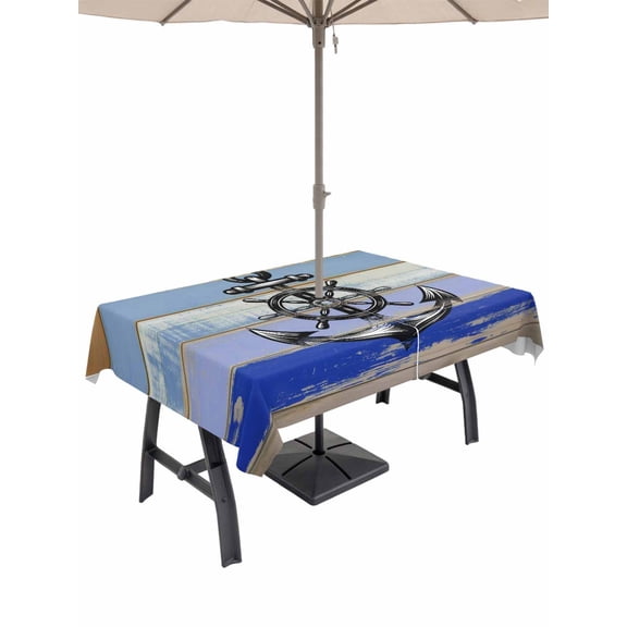 Outdoor Tablecloth with Umbrella Hole for Patio/Picnic/Party/Camping, Nautical Anchor Waterproof Table Cloth Rectangle Table Cover Washable, Vintage Navy Blue Wooden Boards Country (54"x 80")