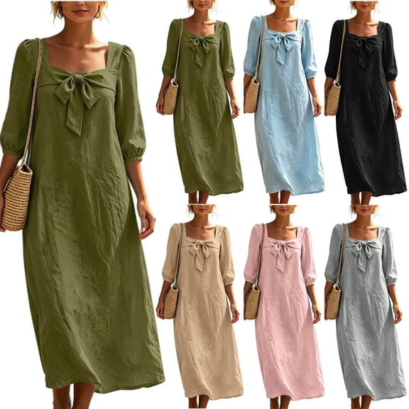 YuXingFu Wedding Guest Dresses for Women formal Maxi Crew Neck Plus Size Womens Dress Long Sleeve for Beach Long Casual Summer Black S
