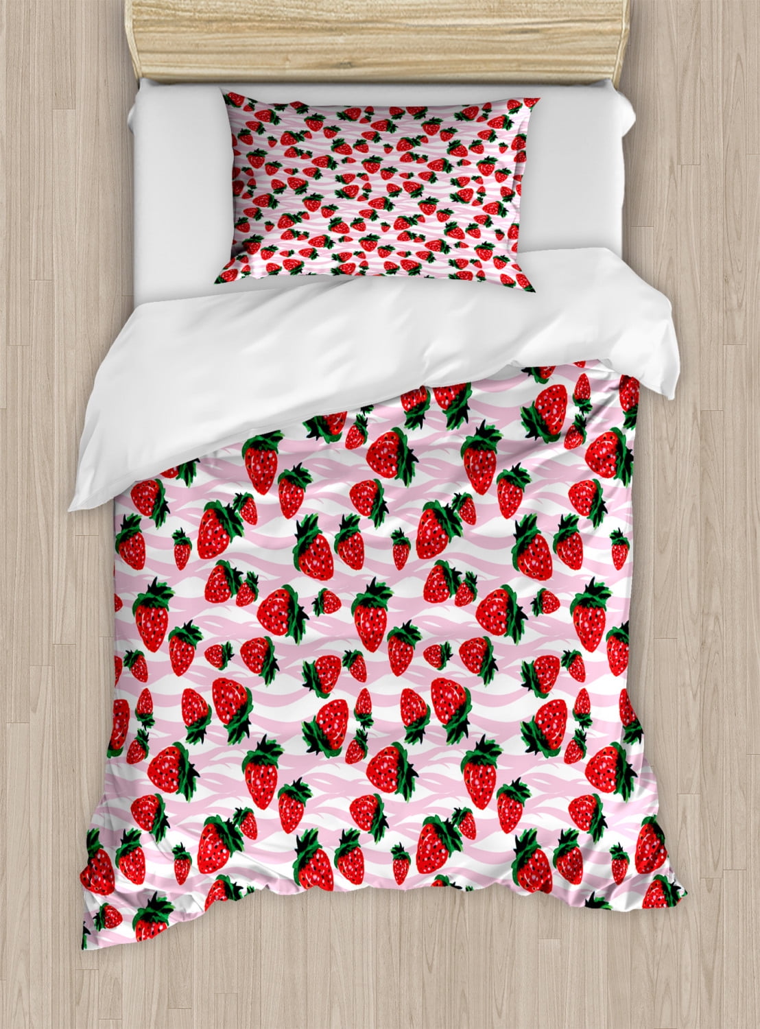 Strawberry Twin Size Duvet Cover Set Hand Drawn Watercolor Pattern